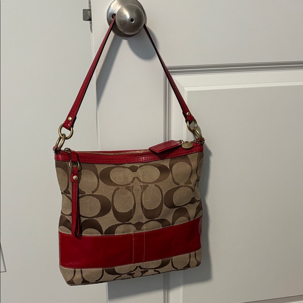 Coach Signature Canvas Shoulder Bag with Red Accents